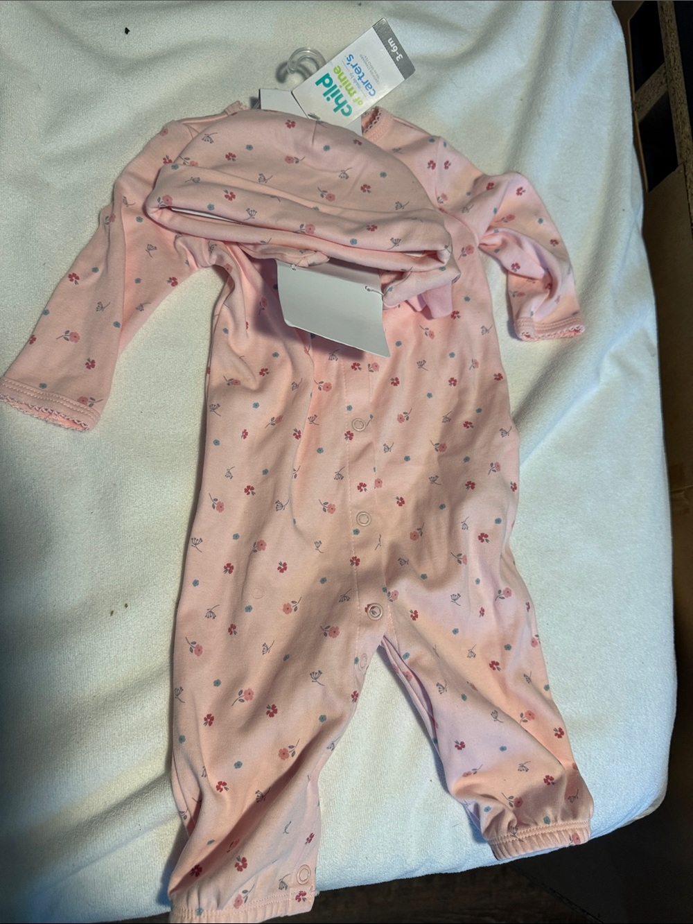 child of mine Pink Floral Footed Onesie with hat and booties